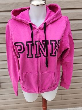 PINK Pink Zip-Up Hoodie W Black Letters Large